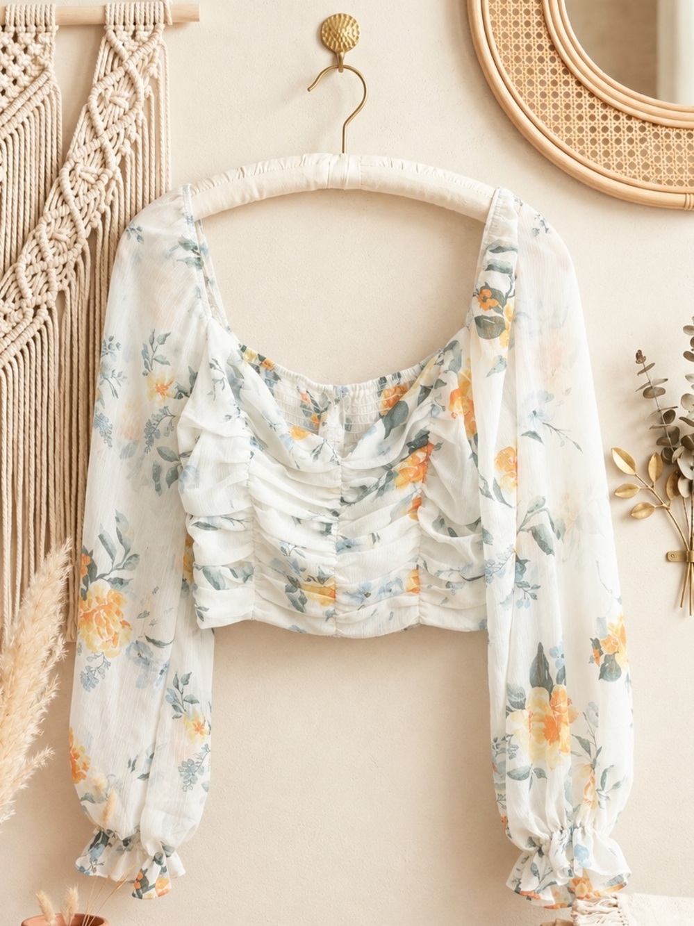 Windsor White Sheer Floral Ruffle Crop Blouse